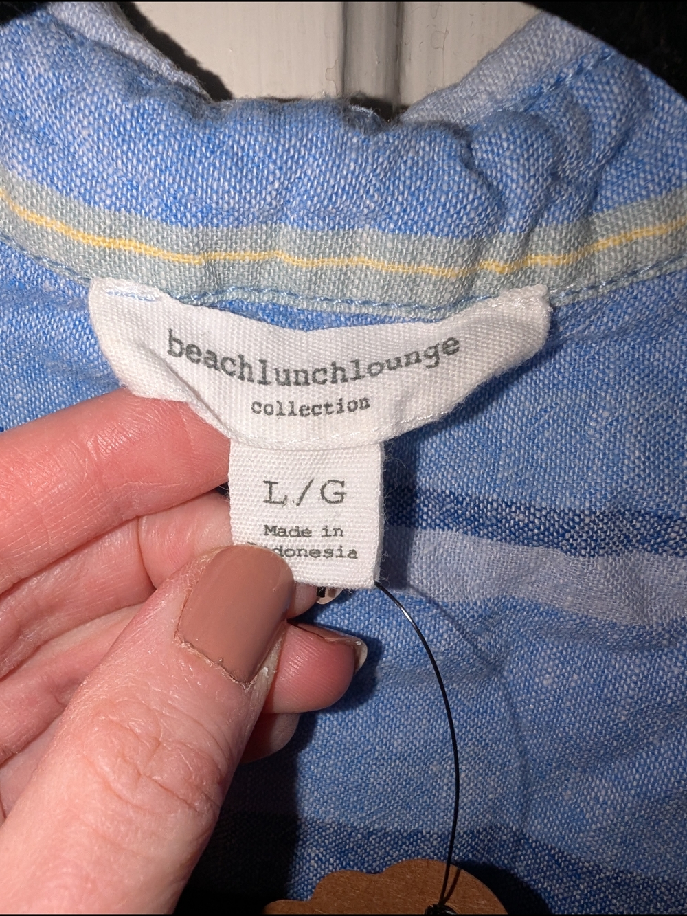 Linen Cotton Striped Button Up Shirt Blue Yellow Short Sleeve Lightweight Summer - Picture 2 of 4